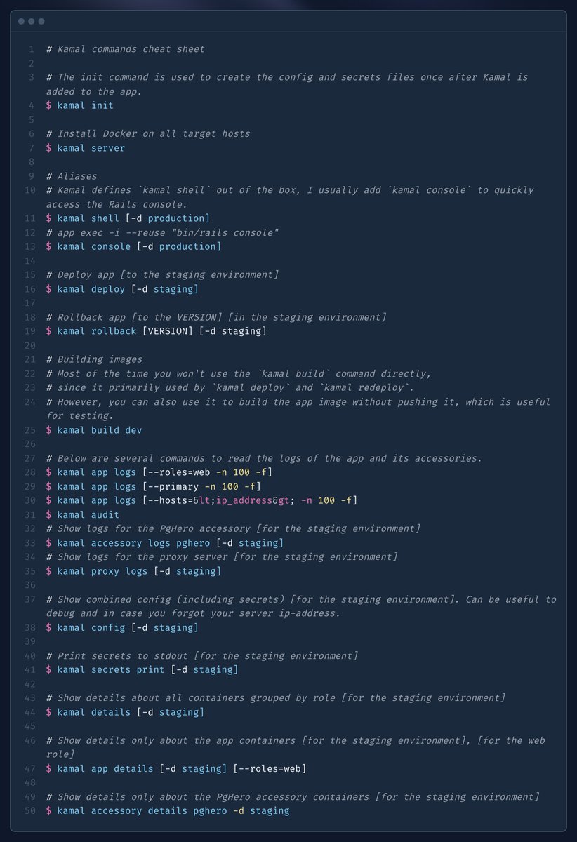 igor_alexandrov's tweet photo. I use Kamal daily to deploy all the apps I maintain. I created a list of Kamal commands I use frequently. While this is not an exhaustive list, but it covers the most common tasks I usually perform.

#kamal #devops #ruby #rails https://t.co/xIdDjYdTei