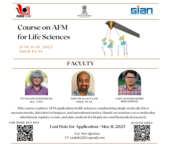 IISERPune's tweet image. A course on #AtomicForceMicroscopy for Life Sciences is being organised at #IISERPune during June 11-15, 2025, under the Global Initiative for Academic Networks #GIAN initiative of @EduMinOfIndia 
This programme will bring together leading experts to explore advanced #AFM…