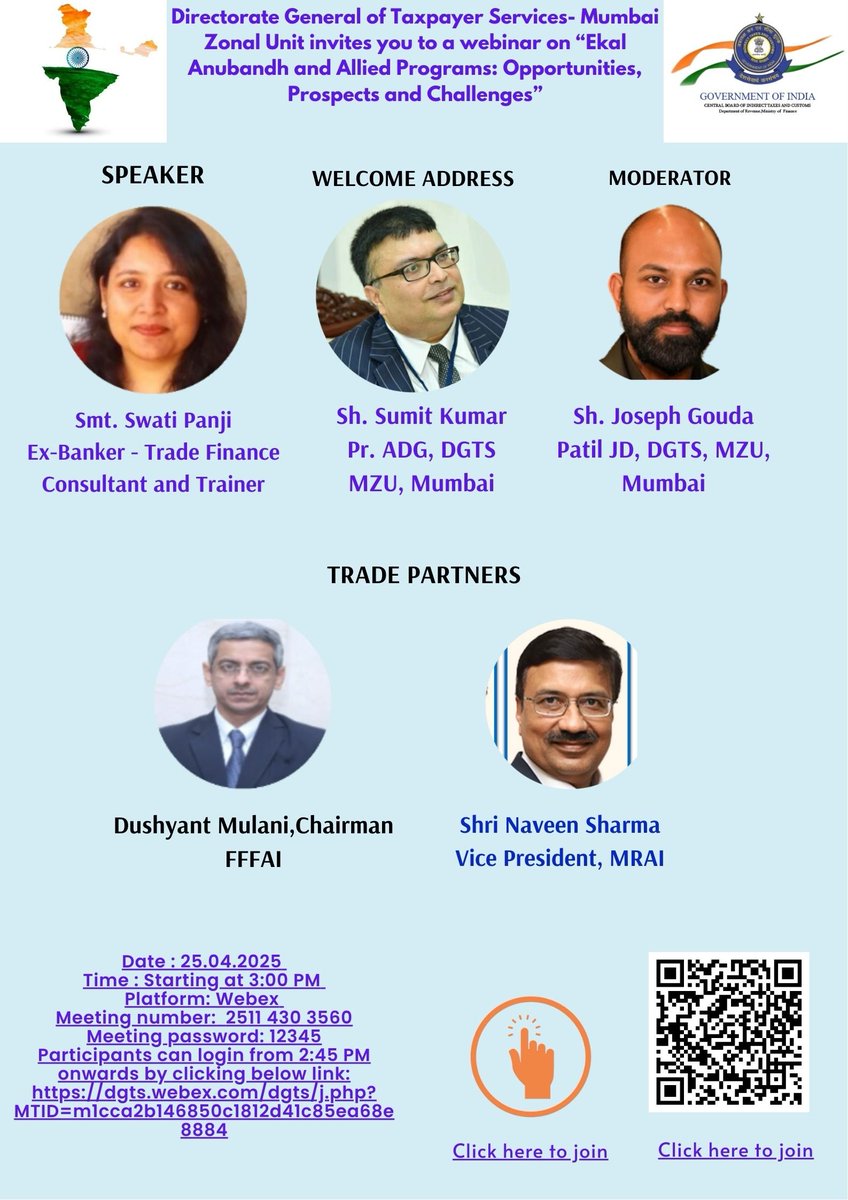 DGTS Mumbai Zonal Units is Organizing a Pan-India Webinar on 25th April, 2025 at 3 PM Topic: “Ekal Anubandh and Allied Programs: Opportunities, Prospects and Challenges” Webinar may be joined by clicking on the following link.
dgts.webex.com/dgts/j.php?MTI…