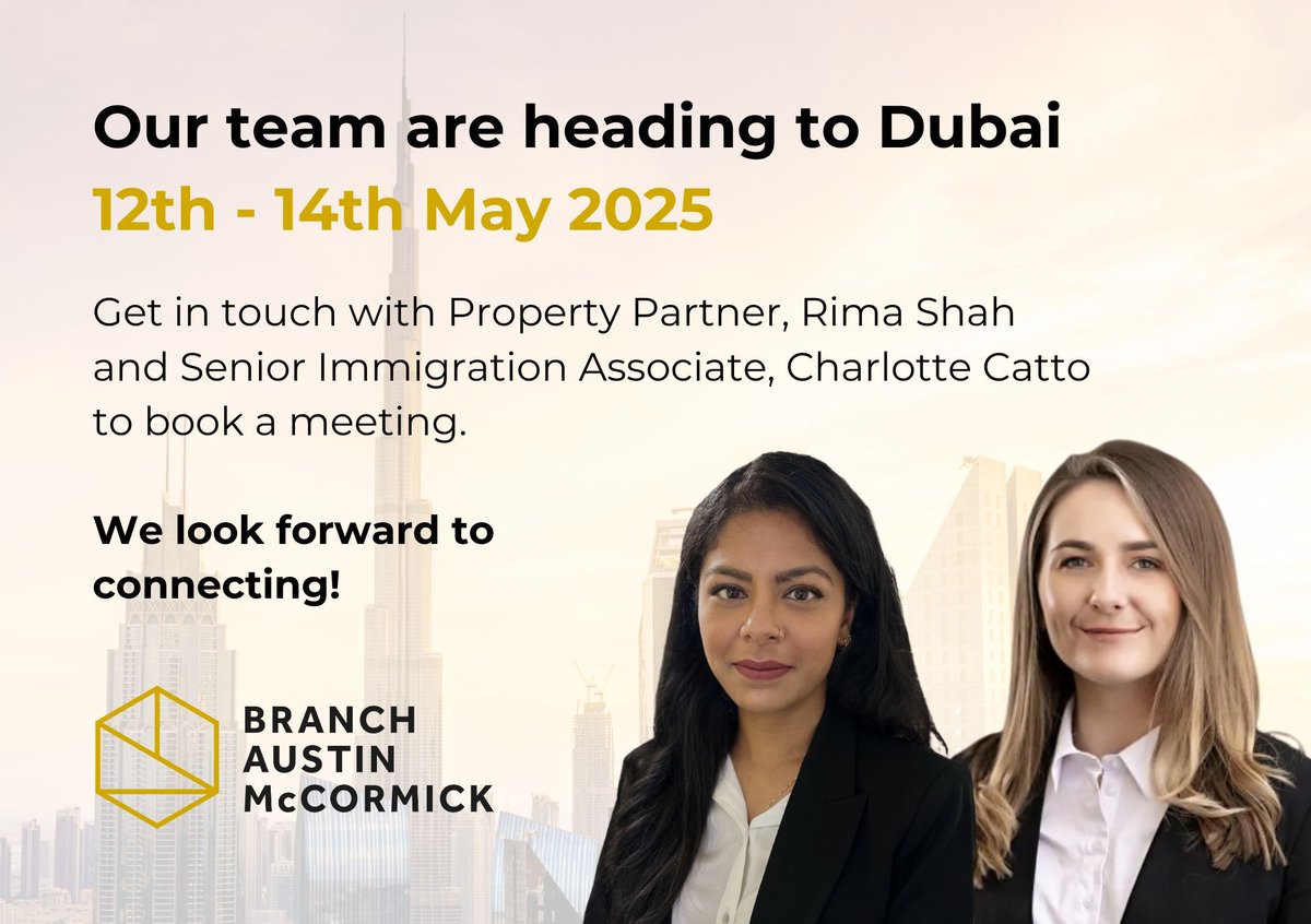 Our team is heading to Dubai from 12-14 May and are looking forward to connecting with clients and contacts in the region. 
Rima Shah: branchaustinmccormick.com/team/rima-shah/ 
Charlotte Catto: branchaustinmccormick.com/team/charlotte… 

#Dubai #UAE #Property #Immigration