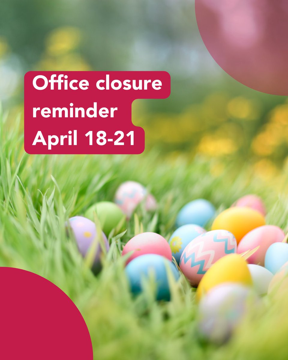 Our offices and clinics will be closed on Friday, April 18 (Good Friday) and Monday, April 21 (Easter Monday) for the holiday weekend. We will reopen and resume regular services on Tuesday, April 22.

Wishing everyone a safe and happy long weekend! 🐣🌷