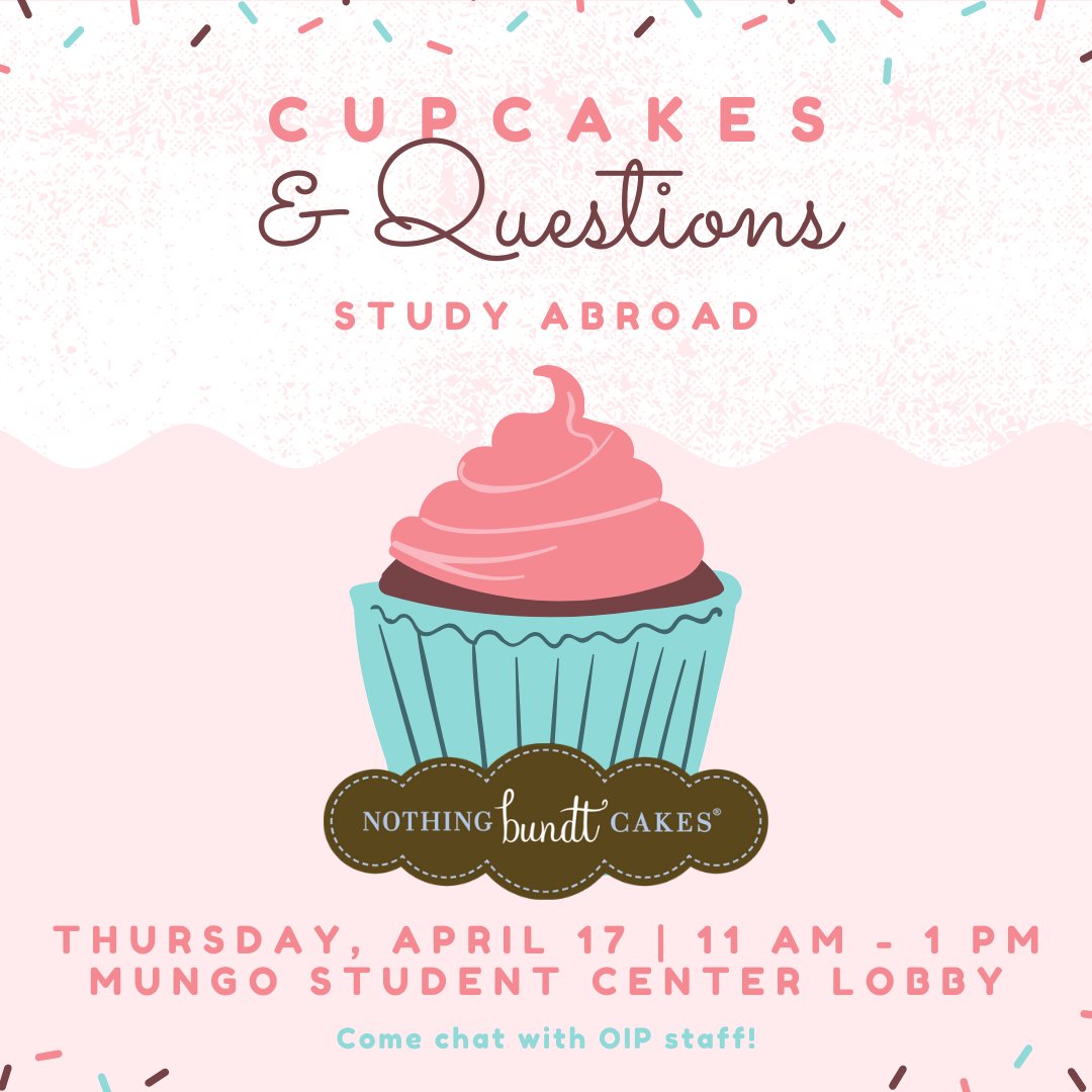 WocoStudyAbroad's tweet photo. Interested in study abroad but aren't sure how it fits in your academic plan? Be sure to stop by the student center between 11 am and 1 pm today, grab a cupcake, and chat with us. We'll help you make a plan before fall registration! https://t.co/PMpdRee158