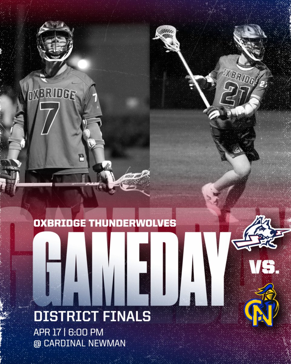 GoOxbridge's tweet photo. Boys Lacrosse heads to Cardinal Newman with the District Final Championship on the line! #LetsGoThunderwolves #OxbridgeLacrosse https://t.co/xCjs7VibLX