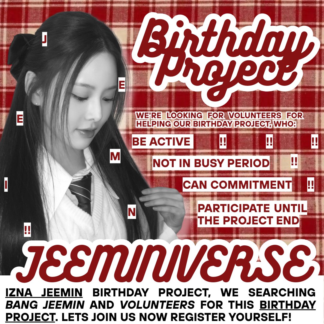 RT for Appreciated 

Salutations, we are JEEMINIVERSE looking for IZNA JEEMIN RPs and volunteer for helping our Birthday Project. Register your self now! 

form: tinyurl.com/JEEMINBIRTHDAY