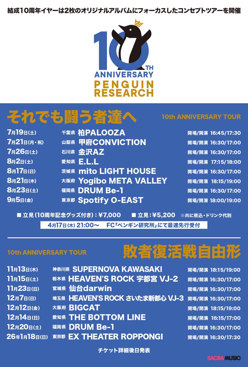 PGR_info's tweet photo. 🚀10周年ツアー決定🚀

PENGUIN RESEARCH
10th ANNIVERSARY TOUR
“それでも闘う者達へ” “敗者復活戦自由形”

オリジナルALにフォーカスした
コンセプトツアーを2本開催‼️

10周年記念グッズ付チケットを
今回初めて販売します

ぜひお越しください🐧🐧🐧🐧🐧

詳細はこちら⬇️
https://t.co/4nRh51kyl0 https://t.co/jTNOZTD6sC