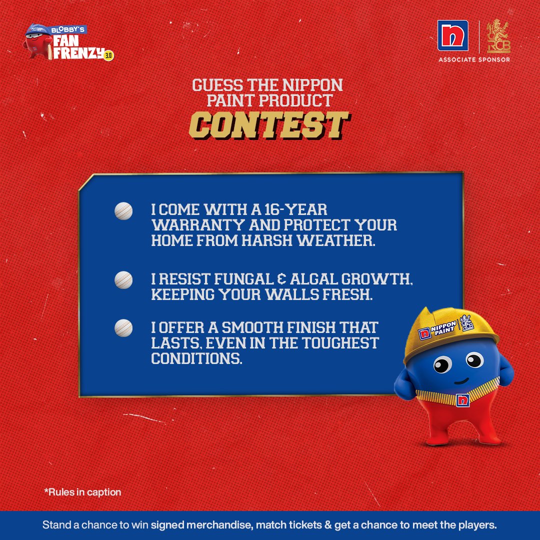 Nippon Paint India (@nipponindia) on Twitter photo Can you name the product that protects for 16 years, resists fungal growth & keeps walls smooth and fresh?
Rules:
Comment your answer tagging 3 friends
Use #BlobbysFanFrenzy
Follow <a href="/NipponIndia/">Nippon Paint India</a>
#NipponPaint #NipponPaintIndia #Contest #ContestAlert #Giveaway Can you name the product that protects for 16 years, resists fungal growth & keeps walls smooth and fresh?
Rules:
Comment your answer tagging 3 friends
Use #BlobbysFanFrenzy
Follow <a href="/NipponIndia/">Nippon Paint India</a>
#NipponPaint #NipponPaintIndia #Contest #ContestAlert #Giveaway