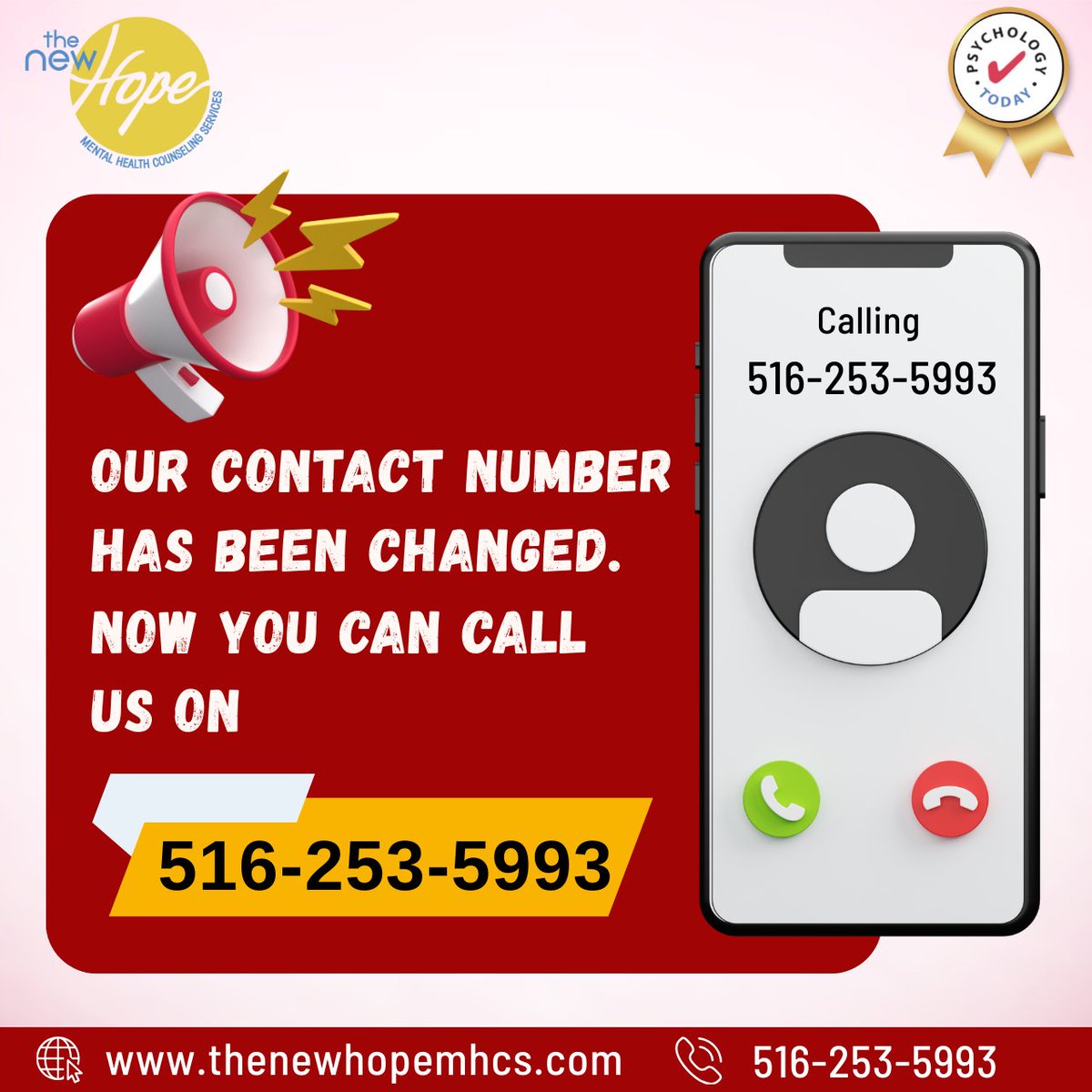 TheNewHope_MHCS's tweet photo. We’ve Got a New Number!
Our contact number has changed—reach us now at 516-253-5993.
We’re just a call away for support, guidance, and care.
#ContactUpdate #mentalhealthprofessionals #mentalhealththerapist #mentalhealthcounseling #mentalhealthservices #Thenewhopemhcs https://t.co/q6VOj5pXAi