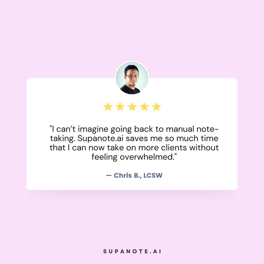 Supanote_AI's tweet photo. Chris used to limit his client list due to time spent on notes. Now, https://t.co/m9vAf0JvrU lets him serve more clients and end work on time, boosting productivity without overwhelm. 💡 

#ExpandedClientBase #RelaxedTherapist #AIAssistanceForTherapists #Supanote #SupanoteAI https://t.co/fCERpMbPOz