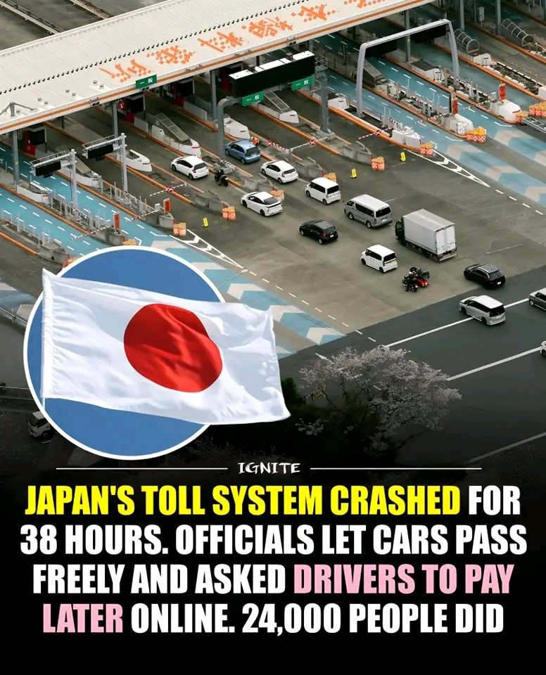 In a rare show of public trust, Japan’s national highway toll system went down for 38 hours, forcing officials to lift toll barriers and allow cars to pass freely. Drivers were simply asked to pay later online — and remarkably, over 24,000 people did. The incident highlighted not