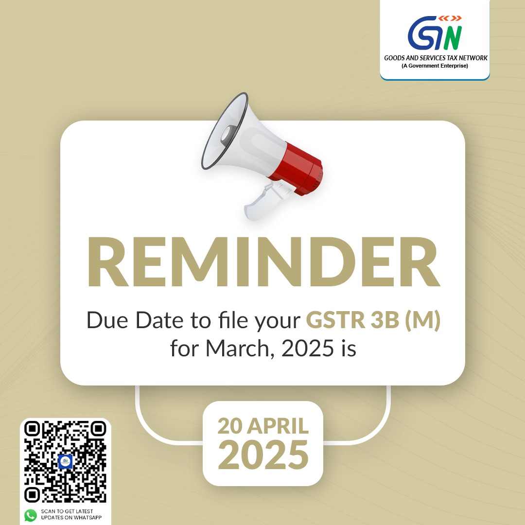 Infosys_GSTN's tweet photo. Dear Taxpayers! ๐ข
Due Date to file GSTR 3B (Monthly) is 20th April 2025
#GSTR_3B #FileGSTR3B #GSTR3BDeadline #MonthlyGSTReturn #DontMissGSTR3B #AvoidLateFees #TaxReminder #DueDateReminder #GSTUpdates #GSTImpact #GSTReturnFiling #TaxReformsย #Payments https://t.co/CGWfIjQNui