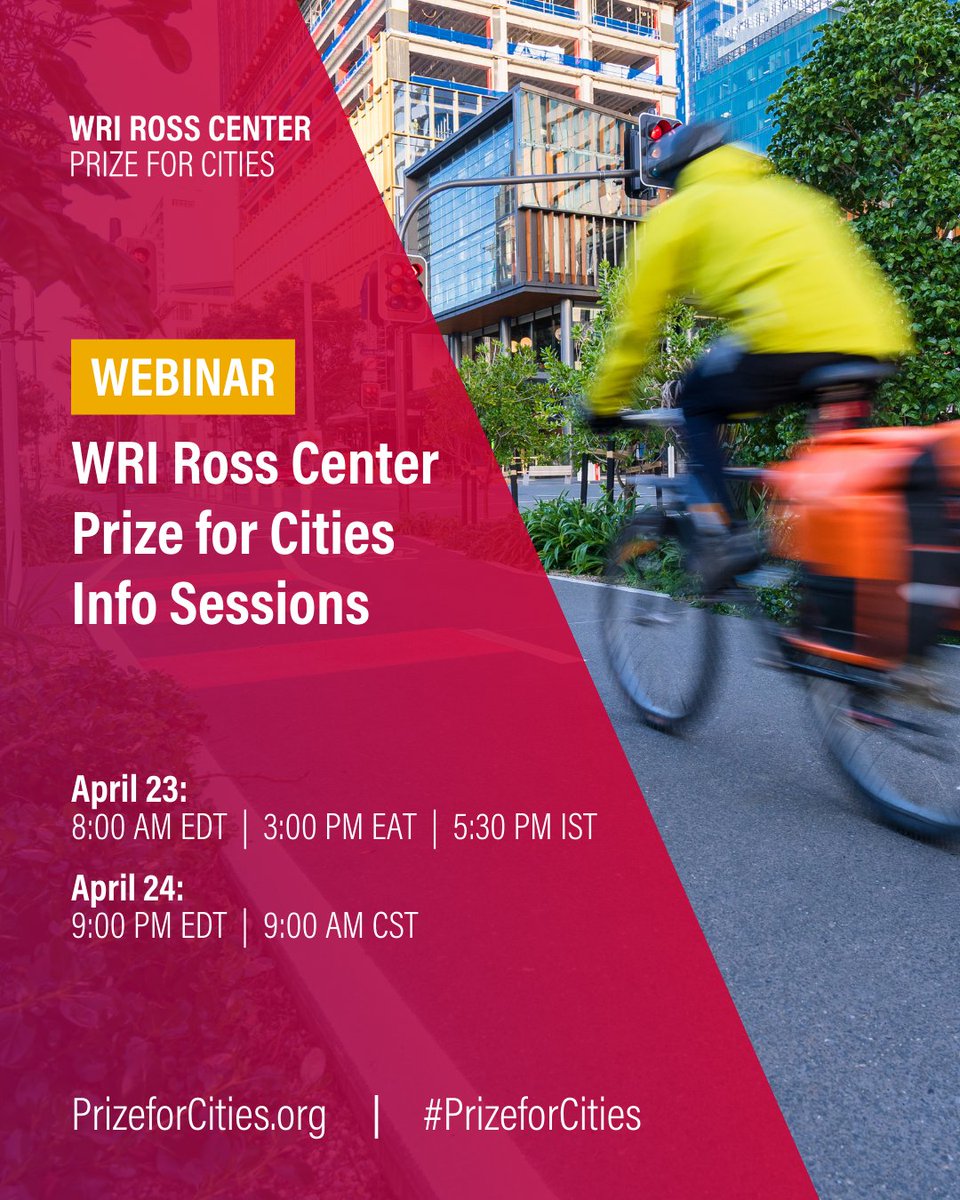 WRI Africa (@wriafrica) on Twitter photo 📢 Curious about the <a href="/WRIRossCities/">WRI Ross Center for Sustainable Cities</a> #PrizeforCities? Join our upcoming webinar to learn about the application process, eligibility, and what makes a strong submission.
📅 April 23 at 8:00 AM EDT → bit.ly/4iJpHkA
📅 April 24 at 9:00 PM EDT → bit.ly/4iL3K4O 📢 Curious about the <a href="/WRIRossCities/">WRI Ross Center for Sustainable Cities</a> #PrizeforCities? Join our upcoming webinar to learn about the application process, eligibility, and what makes a strong submission.
📅 April 23 at 8:00 AM EDT → bit.ly/4iJpHkA
📅 April 24 at 9:00 PM EDT → bit.ly/4iL3K4O