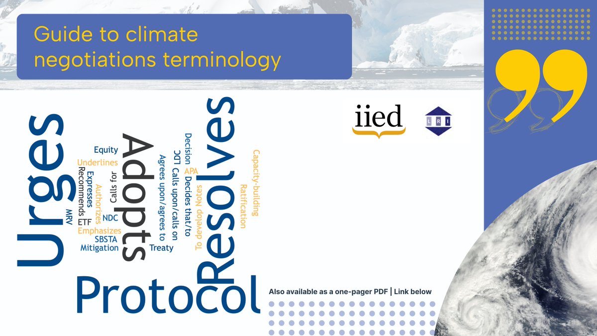 legalresponse's tweet photo. From “common but differentiated responsibilities” to “just transition,” climate negotiations are full of complex terms.

The 2nd edition of the Climate Terminology Guide by LRI &amp; @IIED offers an in-depth look.

Guide: https://t.co/P5IrGezTaO &amp; Essentials: https://t.co/6qusE6717W https://t.co/TacFdZYQH3