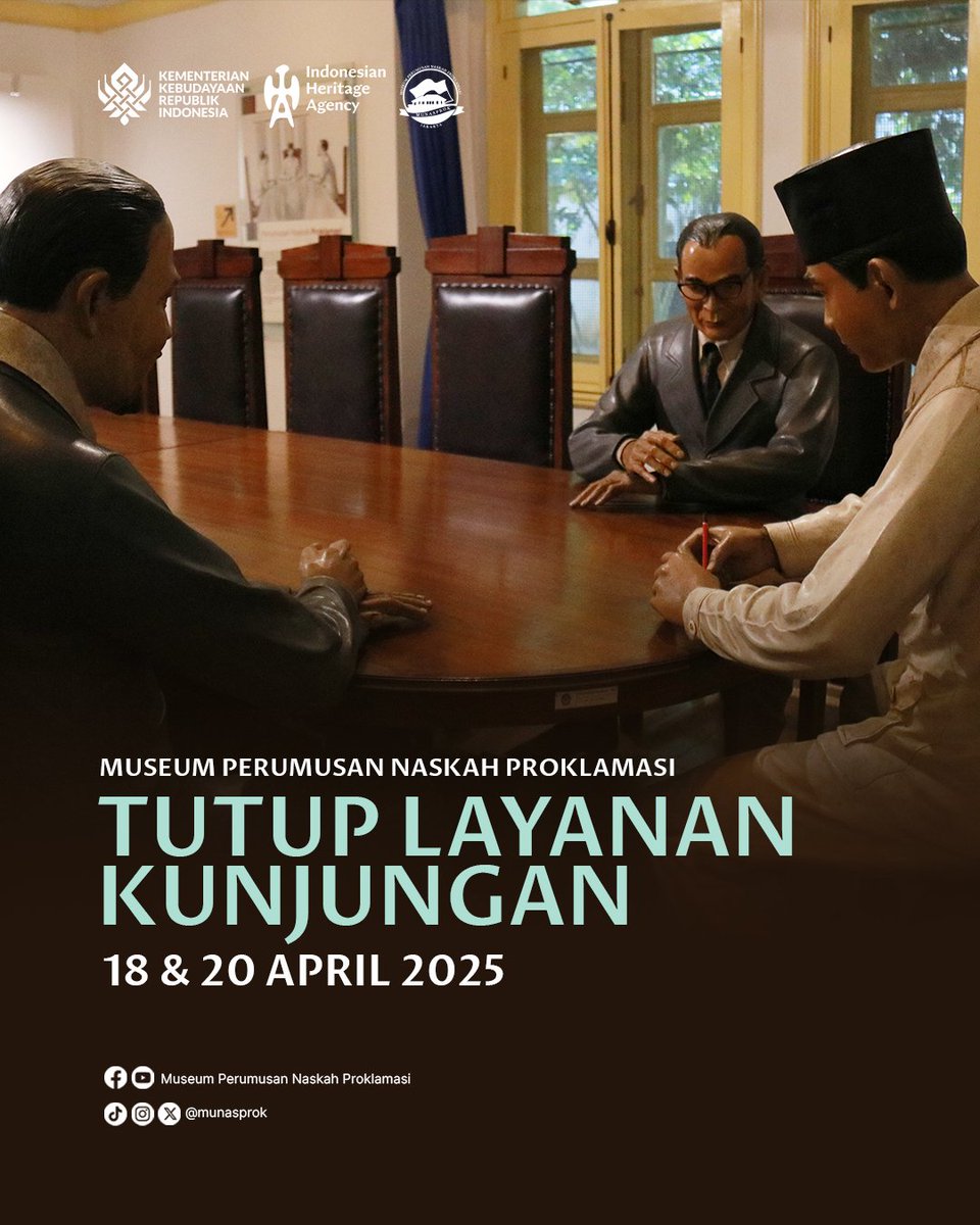 Halo #SahabatMunasprok,
Sehubungan dengan Libur Nasional Wafat Yesus Kristus dan Hari Raya Paskah, maka dari itu Museum Perumusan Naskah Proklamasi tutup layanan kunjungan pada Jumat, 18 April 2025 dan Minggu, 20 April 2025. Pada Sabtu, 19 April 2025 Museum tetap buka.
#Munasprok