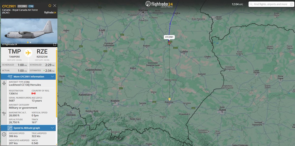 PolishMilRadar's tweet photo. ⌚️17.04 14:05LT
🇨🇦Siły Powietrzne Kanady
✈️Lockheed CC130J Hercules "130614"
#CFC2901 na wysokości przelotowej FL280
🛫Tampere #EFTP
🛬Rzeszów #EPRZ
🔗https://t.co/qBbvlS0mP7
#POLMILRADAR https://t.co/oxsJ3HtRsM