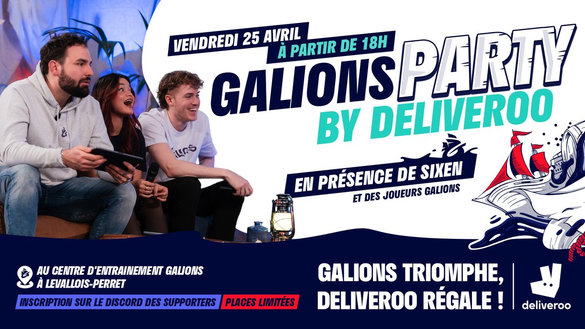 Galions (@galions_) on Twitter photo 🎵 Qui ne saute pas n'est pas Galions 🎵
Donne de la voix et rencontre toute l'équipe LoL lors de la prochaine Galions Party by <a href="/Deliveroo_FR/">🍣 Deliveroo France</a> 🙌
📅 Date : 25/04/2025, à partir de 18h00
📍 Lieu : Centre d’entraînement Galions à Levallois-Perret
🍔 Nourriture et boissons offertes 🎵 Qui ne saute pas n'est pas Galions 🎵
Donne de la voix et rencontre toute l'équipe LoL lors de la prochaine Galions Party by <a href="/Deliveroo_FR/">🍣 Deliveroo France</a> 🙌
📅 Date : 25/04/2025, à partir de 18h00
📍 Lieu : Centre d’entraînement Galions à Levallois-Perret
🍔 Nourriture et boissons offertes