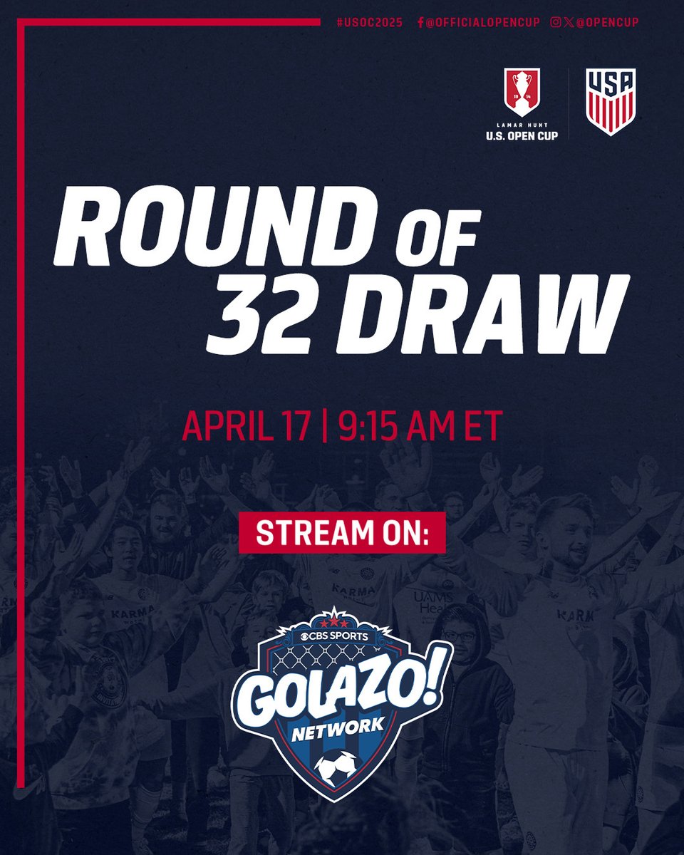 U.S. Open Cup (@opencup) on Twitter photo Find out who gets whom in our Round of 32 | #USOC2025
WATCH on <a href="/CBSSportsGolazo/">CBS Sports Golazo ⚽️</a> » ussoc.cr/fae051
or
<a href="/CBSSportsGolazo/">CBS Sports Golazo ⚽️</a> (YouTube) » ussoc.cr/7mn Find out who gets whom in our Round of 32 | #USOC2025
WATCH on <a href="/CBSSportsGolazo/">CBS Sports Golazo ⚽️</a> » ussoc.cr/fae051
or
<a href="/CBSSportsGolazo/">CBS Sports Golazo ⚽️</a> (YouTube) » ussoc.cr/7mn