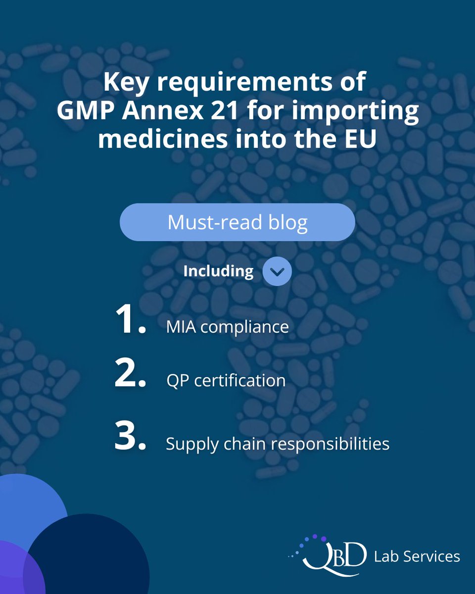 QbDGroup's tweet photo. Learn the key requirements of GMP Annex 21 for importing medicines into the EU, including MIA compliance, QP certification, and supply chain responsibilities. 

👉 https://t.co/LdJlasmTbr

#Pharma #GMP #Annex21 https://t.co/lFIjjwAmxz