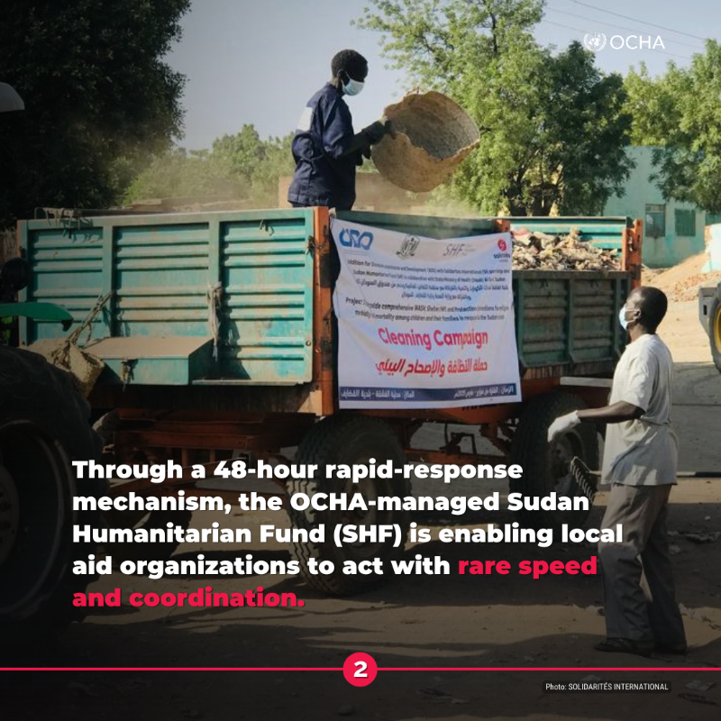 UNOCHA's tweet photo. In #Sudan, where conflict, disease and hunger are escalating fast, life-saving aid is critical.
 
The OCHA-managed Sudan Humanitarian Fund is getting vital funds to local partners with rare speed.
 
💙 Read how the Fund is saving lives and how you can help. ⬇️