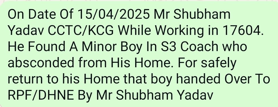 IRTCSO (@irtcso) on Twitter photo <a href="/SCRailwayIndia/">South Central Railway</a> <a href="/gmscrailway/">General Manager,South Central Railway</a> <a href="/drmhyb/">DRM HYB</a> <a href="/RPF_INDIA/">RPF INDIA</a> <a href="/IR_CRB/">RB CRB</a> <a href="/RailMinIndia/">Ministry of Railways</a> <a href="/RailwaySeva/">RailwaySeva</a>
Mr Shubham Yadav CCTC KCG Found A Absconded Minor Child who handed Over to RPF/DHNE <a href="/SCRailwayIndia/">South Central Railway</a> <a href="/gmscrailway/">General Manager,South Central Railway</a> <a href="/drmhyb/">DRM HYB</a> <a href="/RPF_INDIA/">RPF INDIA</a> <a href="/IR_CRB/">RB CRB</a> <a href="/RailMinIndia/">Ministry of Railways</a> <a href="/RailwaySeva/">RailwaySeva</a>
Mr Shubham Yadav CCTC KCG Found A Absconded Minor Child who handed Over to RPF/DHNE