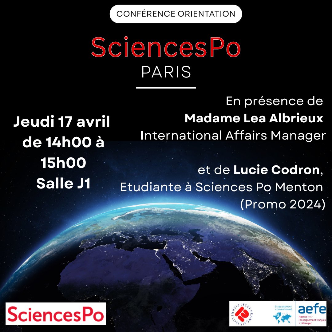 [Orientation] Conférence SciencesPo Paris avec Mme Léa Albrieux, International Affairs Manager, et Lucie Codron, étudiante à SciencesPo Menton (ex-élève de Pierre Loti, promo 2024). Un aperçu des 7 campus et des parcours proposés après le bac, de la licence au doctorat.
<a href="/aefeinfo/">AEFE</a>