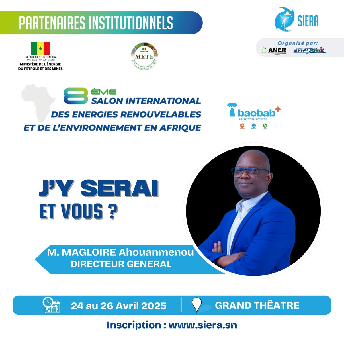 Siera2025's tweet photo. ☀️ @BaobabPlus  rejoint le @Siera2025  avec son DG M. MAGLOIRE Ahouanmenou !
Découvrez leurs solutions solaires pour l'inclusion énergétique en Afrique.
📅 24-26 Avril
 📍Dakar
👉 Échangez avec eux sur leur stand 🌐 https://t.co/HAolOPA98b
#ÉnergieDurable #AfriqueVerte https://t.co/aHG9ZeKV3M