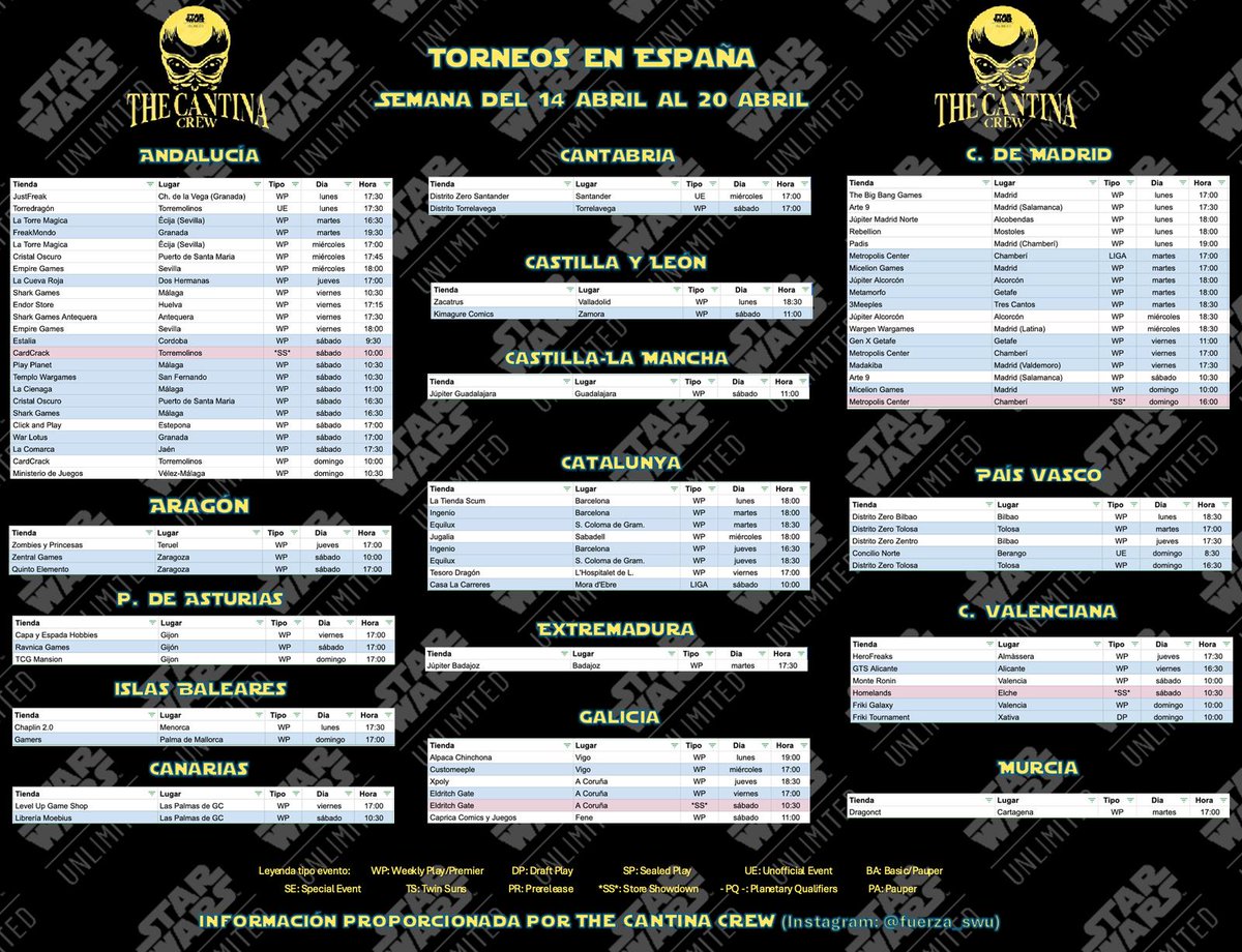 ¡Prepárate para las batallas galácticas de esta semana! Aquí está el calendario con los emocionantes eventos y torneos. ¡No te pierdas la acción en Star Wars Unlimited!
<a href="/Asmodee_es/">Asmodee España</a> <a href="/asmop_es/">ASMODEE OP España</a> <a href="/FFGames_ES/">FFGames en español</a> <a href="/SWUTCG/">Star Wars Unlimited TCG - SPN</a>