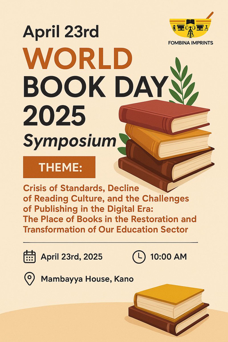Step into a world of stories, knowledge, and bold ideas! This April, join educators, readers, and creatives as we reflect on the challenges shaping the future of publishing and education.

🗓️ Date: April 23, 2025
🕥 Time: 10:00 AM
📍 Venue: Mambayya House, Kano