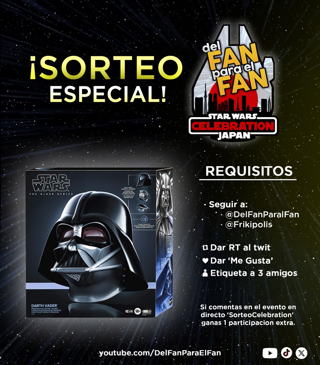 delfanparalfan's tweet image. ¡SORTEO ENORME! ✨

¡En honor a la #StarWarsCelebration puedes ganar un CASCO de DARTH VADER! 🖤

Los requisitos son simples:
🔸Seguirme a mí (@delfanparalfan) y a @frikipolis
🔸Dar RT y like al tuit
🔸Etiqueta a 3 amigos

¡Y YA ESTÁ!
¡Que comience el sorteo! 🎉