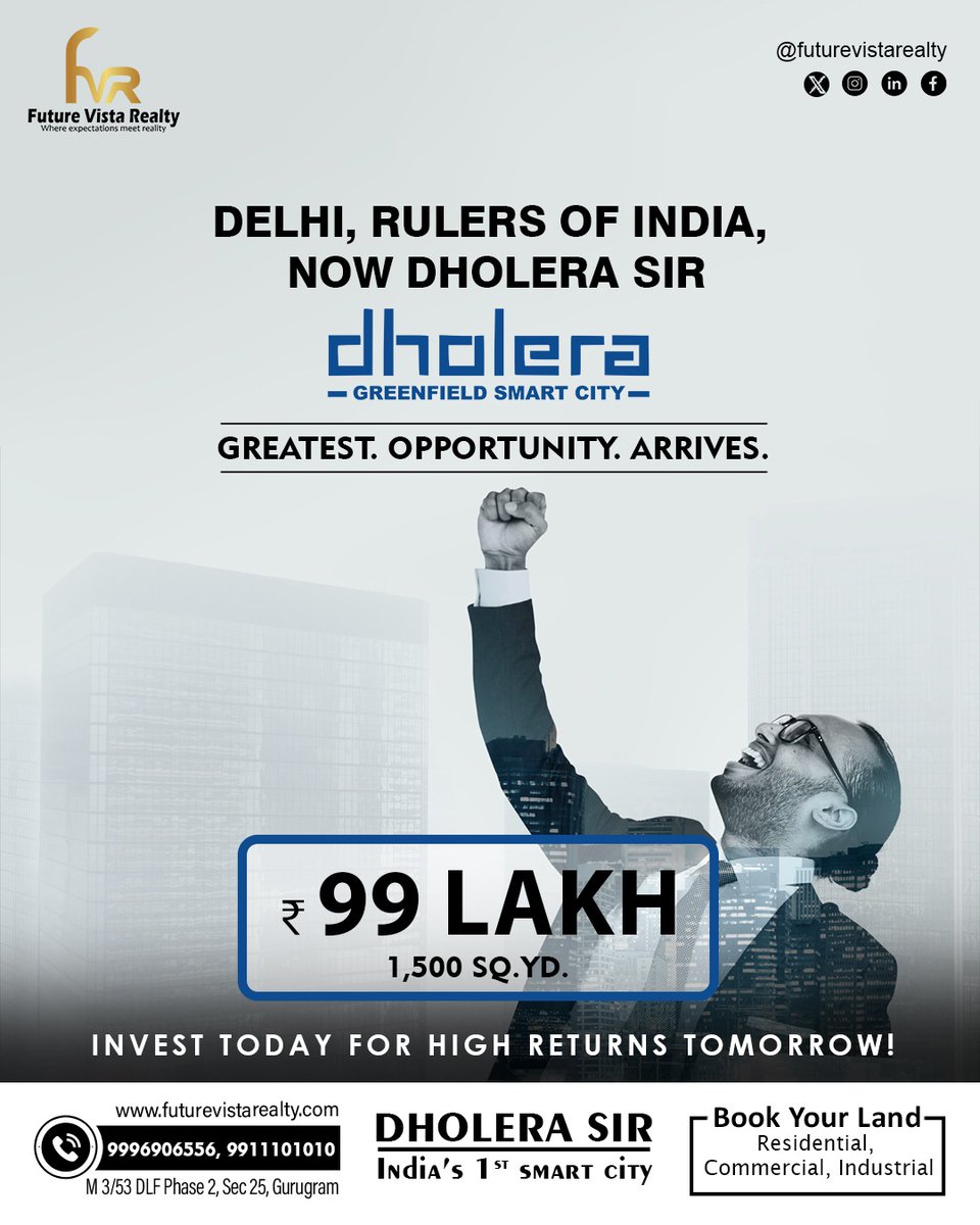 FutureVistaReal's tweet photo. ✨ The city of the future is calling!

Dholera—India’s first greenfield smart city—is your gateway to high-value investment.

FutureVistaRealty has the key to your dream plot! 🔑

#DholeraSmartCity #RealEstate #Investment #Ahmedabad #DreamHome #DholeraRealEstate #InvestInDholera https://t.co/ZUE8qMXfYx