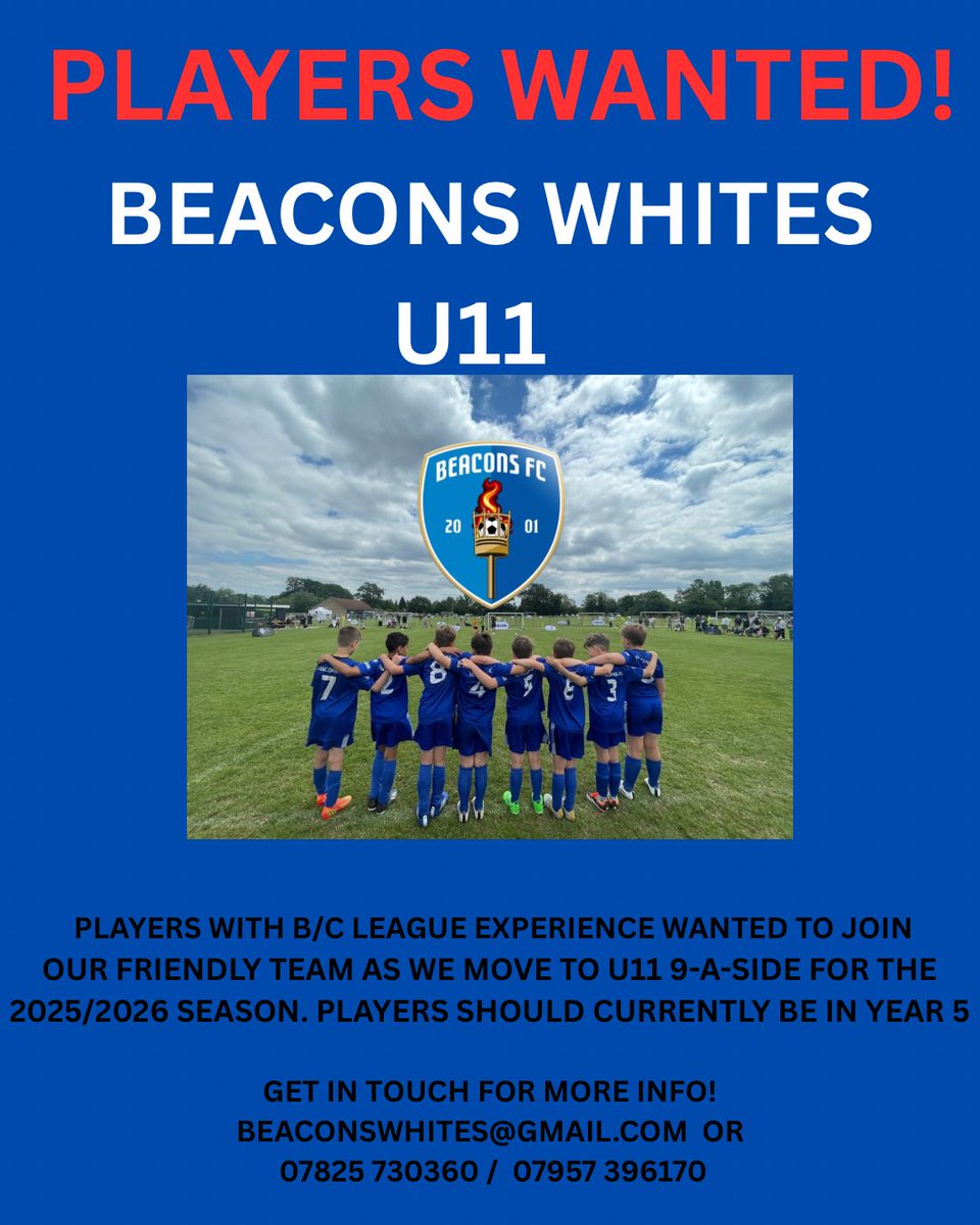 BeaconsFC's tweet image. Looking for a new team for the upcoming season? 🤔
Get in touch with our Whites team who are looking to recruit players as they move to 9-A-SIDE football in September!