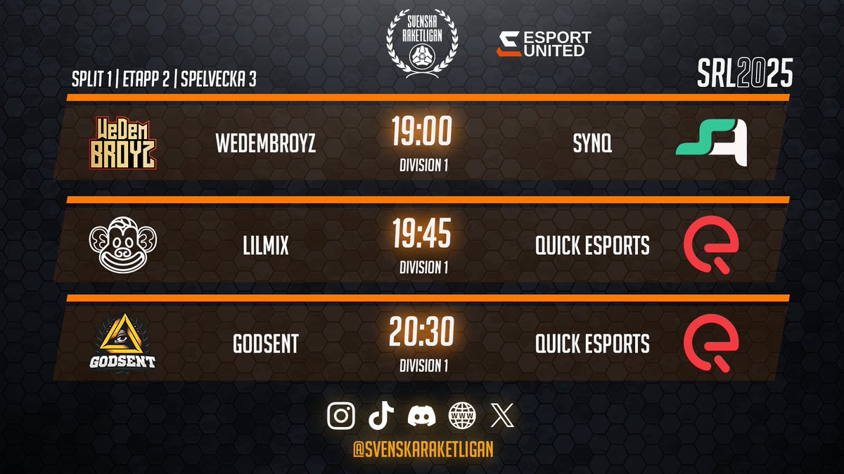 Svenska Raketligan (@sv_raketligan) on Twitter photo Ikväll ska en etappmästare koras!
Vilka tar hem titeln? 👀
<a href="/GODSENT/">GODSENT</a> | <a href="/Lilmixgg/">Lilmix Esports</a> | <a href="/QuickEsports_no/">Quick Esports</a>
🕗: 19:00
📺: twitch.tv/svenskaraketli…
🎤: <a href="/Lem0naZ/">Robert ”Lem0naZ” Fridström</a> & <a href="/Sinix_RL/">Sinix</a> Ikväll ska en etappmästare koras!
Vilka tar hem titeln? 👀
<a href="/GODSENT/">GODSENT</a> | <a href="/Lilmixgg/">Lilmix Esports</a> | <a href="/QuickEsports_no/">Quick Esports</a>
🕗: 19:00
📺: twitch.tv/svenskaraketli…
🎤: <a href="/Lem0naZ/">Robert ”Lem0naZ” Fridström</a> & <a href="/Sinix_RL/">Sinix</a>