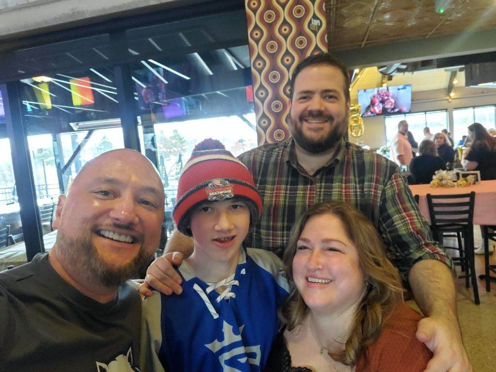 At a friend’s birthday party last weekend, had to take the opportunity to capture all these <a href="/mnwild/">Minnesota Wild</a>⁩ national anthem singers in one pic!! My beloved Julian and Monica, and the inimitable Andrew Kane! 

Here’s to a good long run in the playoffs this time, LFG!!!