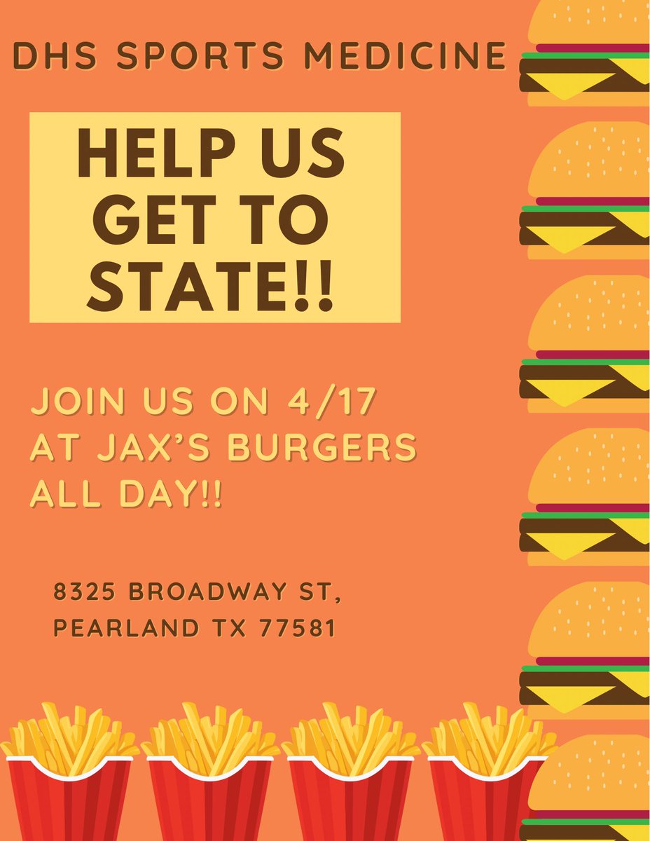 Are you hungry?? No lunch or dinner plans for today? Never fear, Dawson Sports Medicine is here! Join us at Jax’s Burgers (Next to Krogers) all day today! Just mention you’re supporting Dawson sports medicine, and get yourself a delicious meal!! 🍔🍟 #FAMILY #3peat #roadtostate