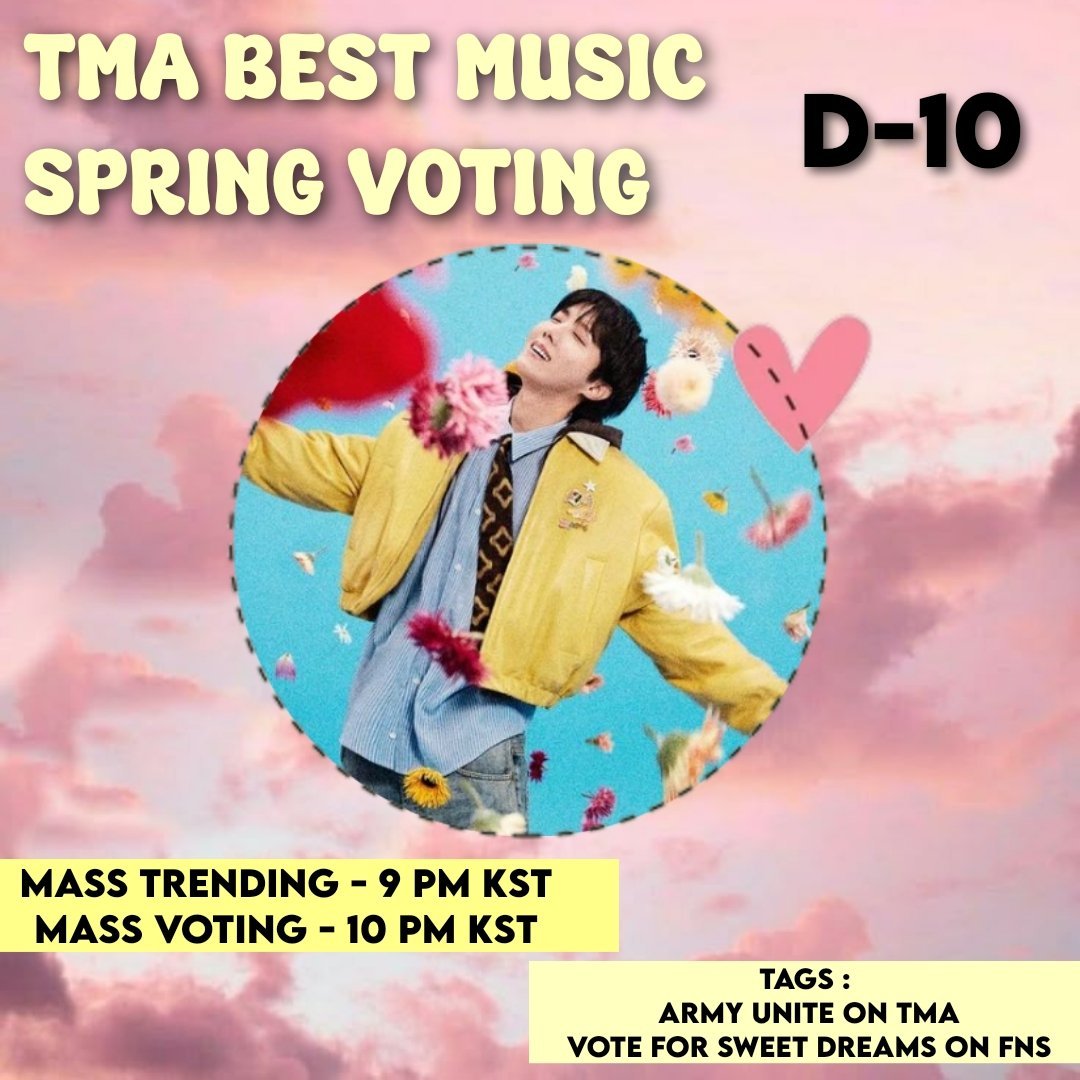 [📢] MASS VOTING SCHEDULE

Prepare for today's mass voting for TMA (Best Music Spring) ✊

✅Collect ⭐️ on FNS

📍Mass Trending - 9PM KST 
📍Mass Voting - 10PM KST

Tags : Rt &amp; Reply 
🔑 ARMY UNITE ON TMA
🔑 VOTE FOR SWEET DREAMS ON  FNS