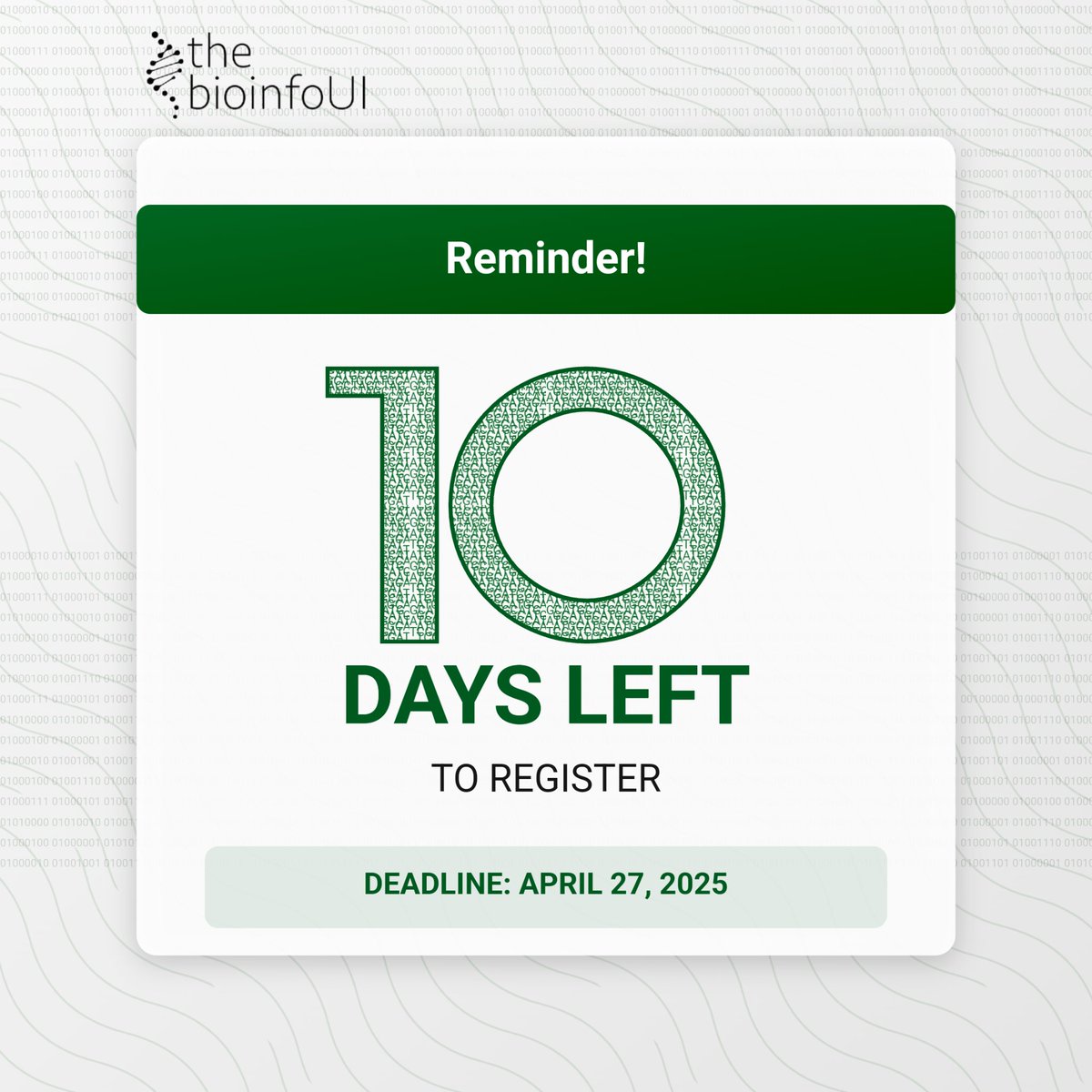 BioinfoUI's tweet image. There are 10 days left to complete your registration for BioinfoUI training.

Register: bioinfoui.github.io 

Be sure to finalize your place.

For enquiries, email us: bioinfoui@gmail.com