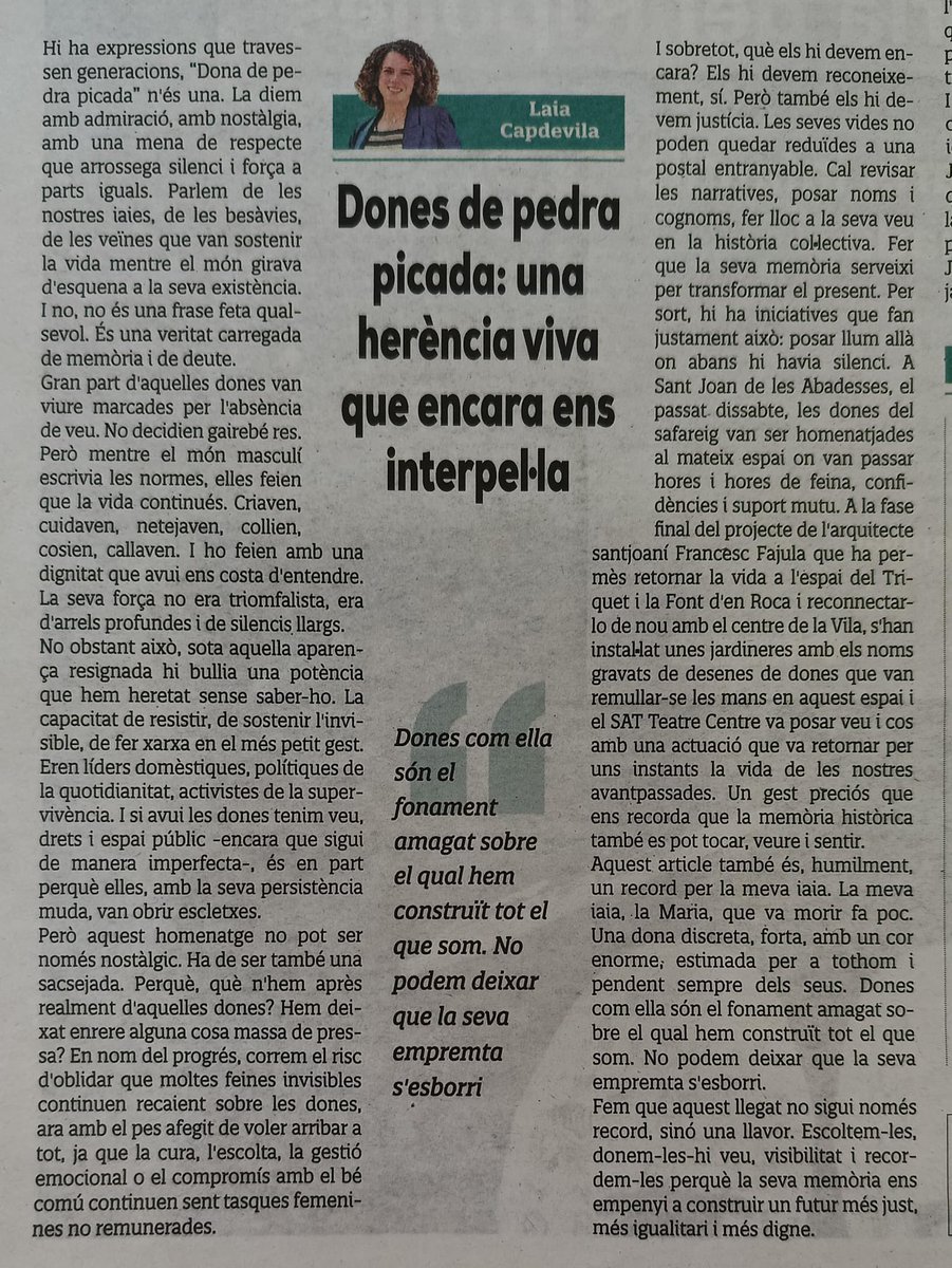 laiacm's tweet image. Dones de pedra picada.
Les que van sostenir la vida en silenci, mentre el món girava d’esquena a la seva existència. Les que ens han portat fins aquí i encara ens interpel·len.
Aquest article és per elles. Per la meva iaia. Per la Maria.