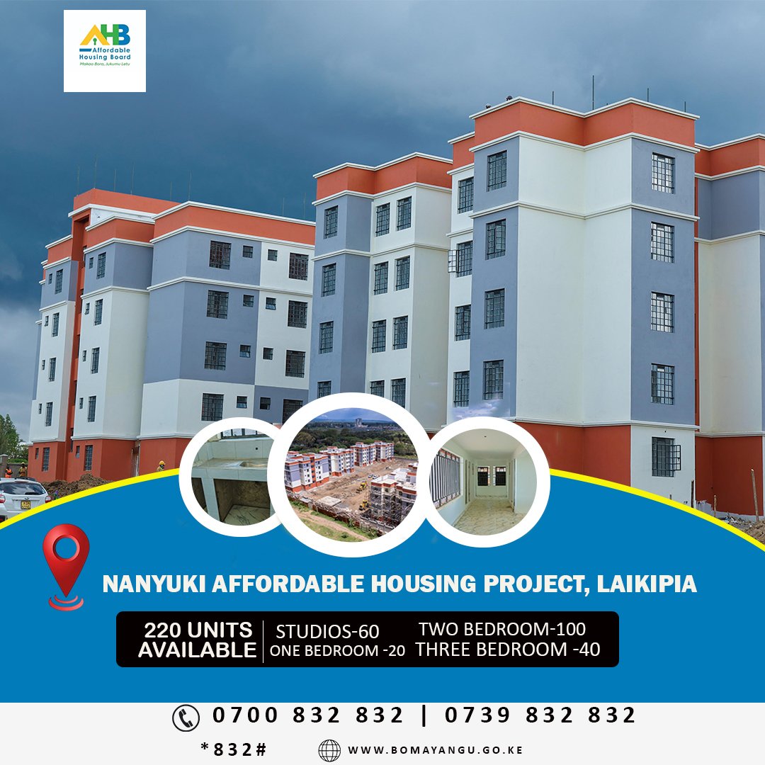 𝐒𝐭𝐚𝐫𝐭 𝐘𝐨𝐮𝐫 𝐉𝐨𝐮𝐫𝐧𝐞𝐲 𝐭𝐨 𝐇𝐨𝐦𝐞𝐨𝐰𝐧𝐞𝐫𝐬𝐡𝐢𝐩 𝐢𝐧 𝐍𝐚𝐧𝐲𝐮𝐤𝐢.  
The Nanyuki Affordable Housing Project in Laikipia offers 220 decent and affordable units — including studios, one-bedroom, two-bedroom, and three-bedroom apartments — designed to