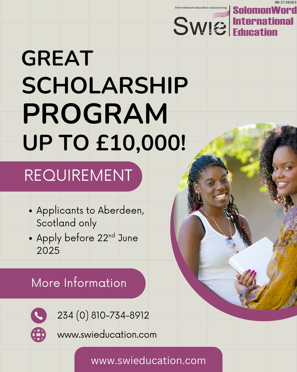 swiedu_'s tweet photo. 🎉 Great News, Everyone! Get up to £10,000 in tuition discounts at one of our top partner universities in Aberdeen! 😍
📅 Apply on or before 22nd June to qualify for this amazing opportunity.
What are you waiting for? The clock is ticking! ⏰ #SWIE #StudyAbroad #Aberdeen https://t.co/PS5M3roeg4