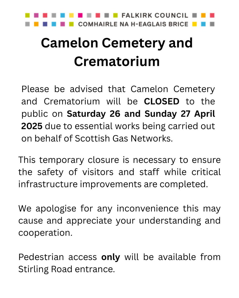 FC_Estates's tweet photo. 🔔 Camelon Cemetery and Crematorium update — details below: https://t.co/dTHjha6qRC