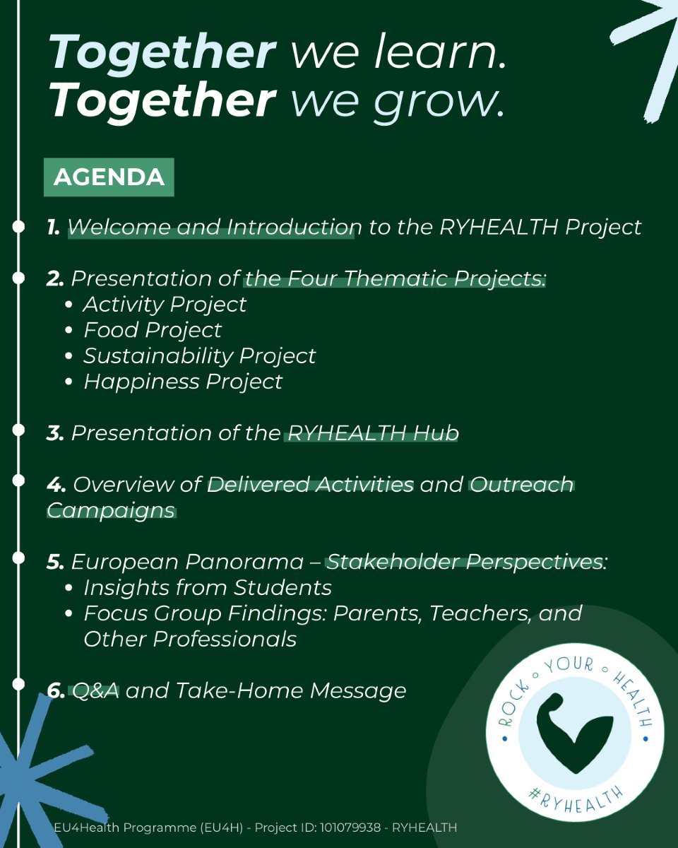 Join us April 30 for the #RYHEALTH International webinar!
Explore youth health solutions in the areas Food, Activity, Sustainability &amp; Happiness.
🕔 April 30 – 5–6:15 PM CEST | Free &amp; online!
🔗 Register: forms.gle/Ecvgv3kxzMUyEv…  
#YouthHealth #HaDEA #HealthUnion #EUcancerplan