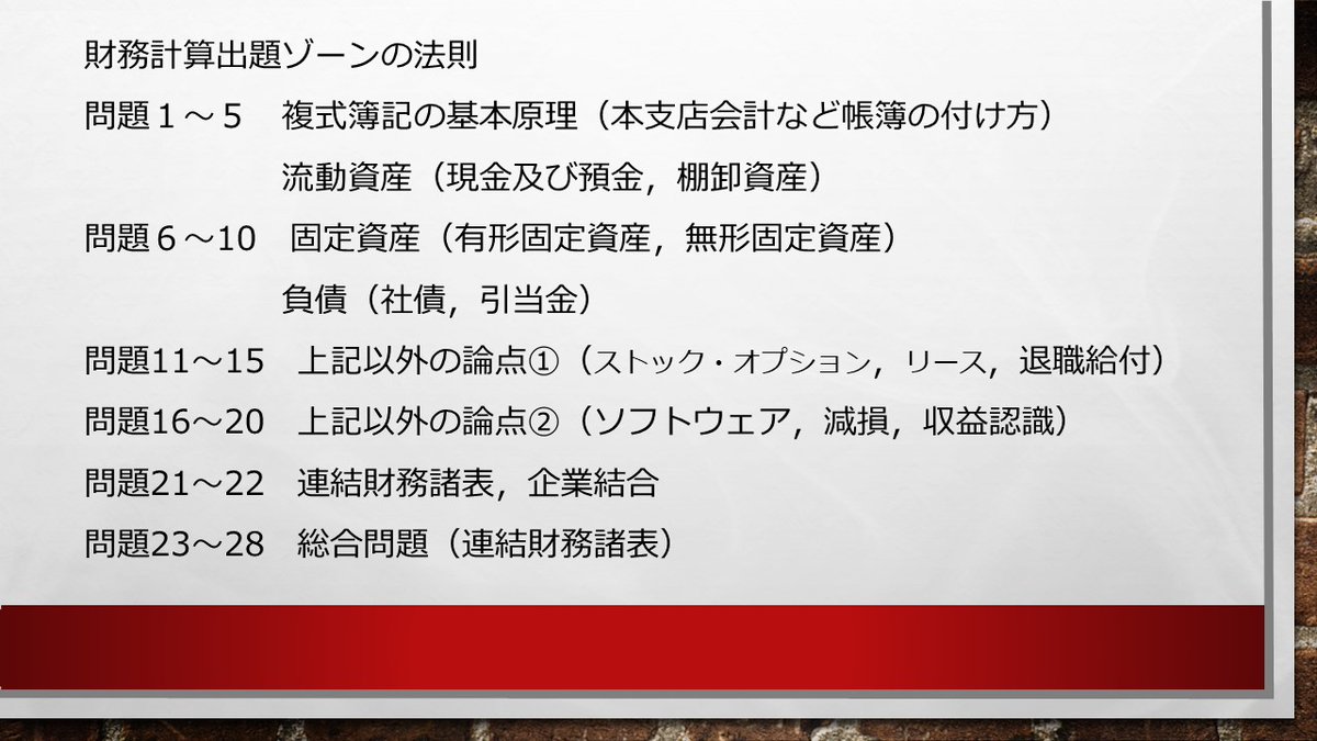 kanasugi_tac's tweet image. 短答まで1か月余り。例年通りなら財務計算の論点別配列はおおむねこのような感じになります。