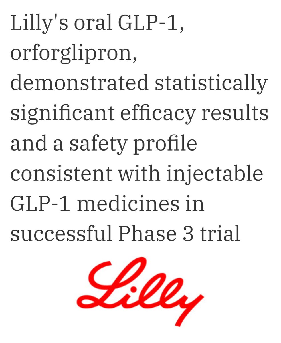 🚨BREAKING: Lilly’s oral GLP-1, orforglipron, hits its primary endpoint in the Phase 3 ACHIEVE-1 trial for type 2 diabetes.
🔸A1C↓ by 1.3–1.6%
🔸Weight loss: up to 16 lbs (7.9%)
🔸65%+ hit A1C ≤6.5%
Once-daily, oral small molecule GLP-1—no food/water restrictions

Safety