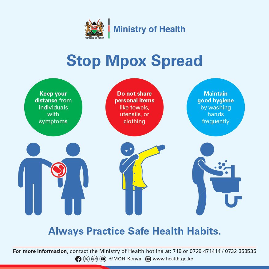Afya Bora Kenya (@afyabora_ke) on Twitter photo โ ๏ธStop Mpox Spread โ ๏ธ
1. Keep distance
2. Do not share personal items
3. Maintain good hygiene
Mpox Is Preventableโ
๏ธ
#SHAWorks #UHCProgress <a href="/MOH_Kenya/">Ministry of Health</a> โ ๏ธStop Mpox Spread โ ๏ธ
1. Keep distance
2. Do not share personal items
3. Maintain good hygiene
Mpox Is Preventableโ
๏ธ
#SHAWorks #UHCProgress <a href="/MOH_Kenya/">Ministry of Health</a>