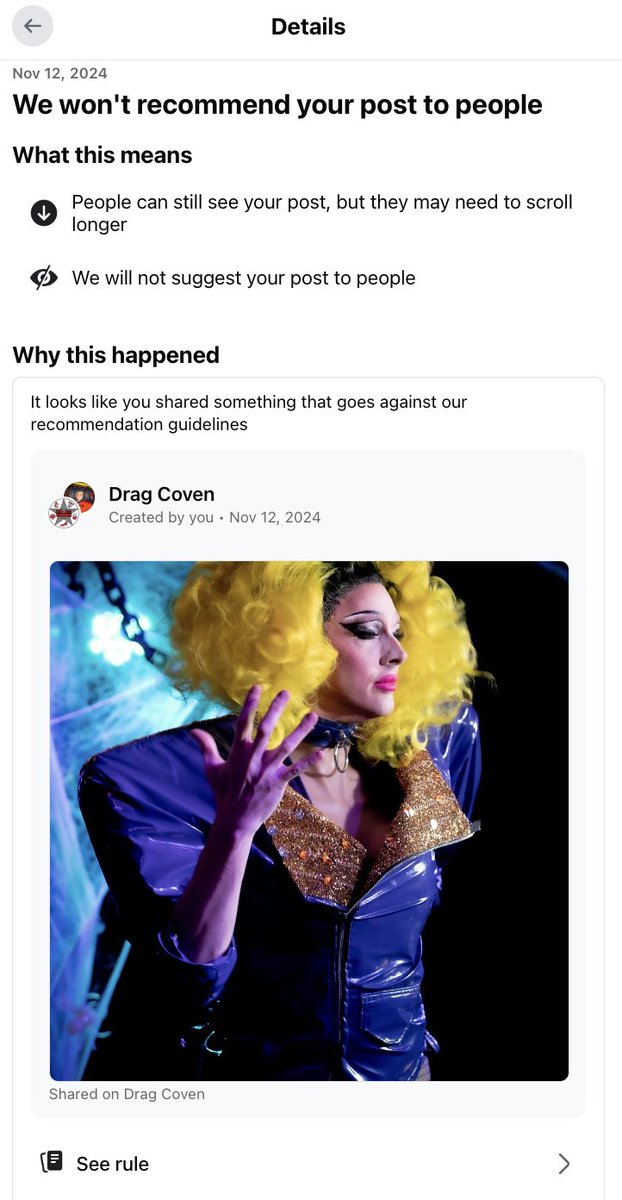 Hey <a href="/facebook/">Facebook</a> <a href="/Meta/">Meta</a> - What's going on here? None of these or any of the posts you've flagged are violations in any way. In fact, none of the 10+ examples are. Everyone is fully clothed, and nothing suggestive is happening. This is an attack on the 2SLGBTQIA+ community. GROSS.
