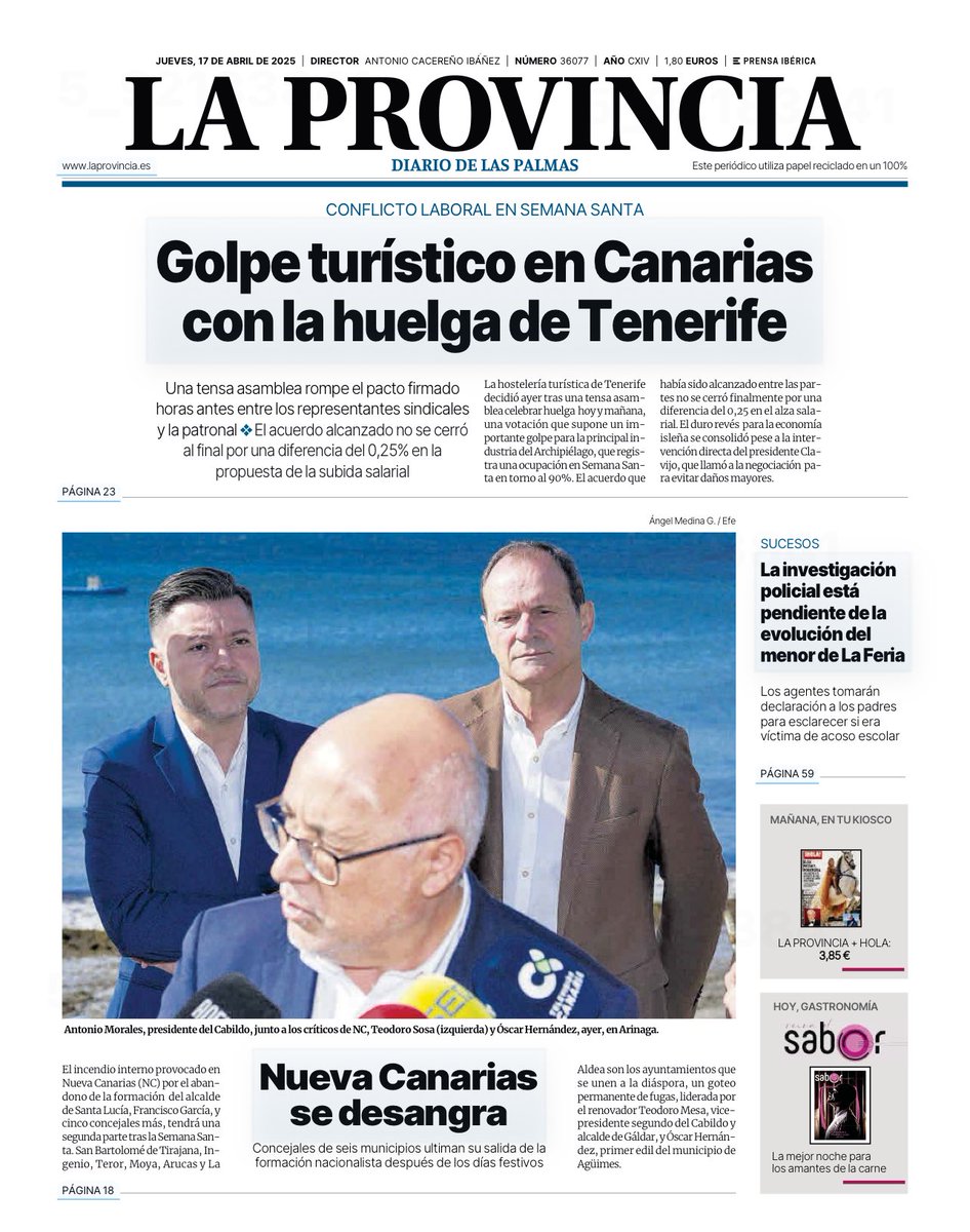 ¿Perdón? El golpe turístico se produce en Tenerife. En La Provincia de Las Palmas,no.En Gran Canaria,Lanzarote y Fuerteventura,no.Felicito el acuerdo entre la patronal y los sindicatos en nuestra isla. Es una buena noticia para Gran Canaria, donde no hay huelga ni golpe turístico