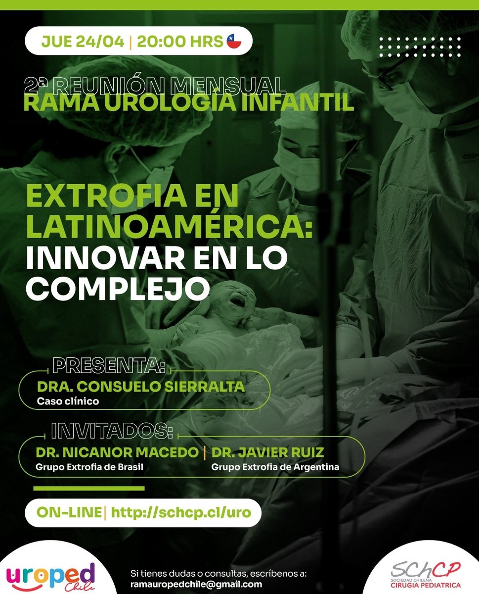 Ruiz Javier (@ruizjavier11) on Twitter photo Gracias a la rama de urologia de la <a href="/Schcp/">Sociedad Chilena de Cirugía Pediátrica</a> por la invitación para participar de la reunión mensual este jueves 24 de abril
Discusión sobre manejo en casos complejos de extrofia Gracias a la rama de urologia de la <a href="/Schcp/">Sociedad Chilena de Cirugía Pediátrica</a> por la invitación para participar de la reunión mensual este jueves 24 de abril
Discusión sobre manejo en casos complejos de extrofia