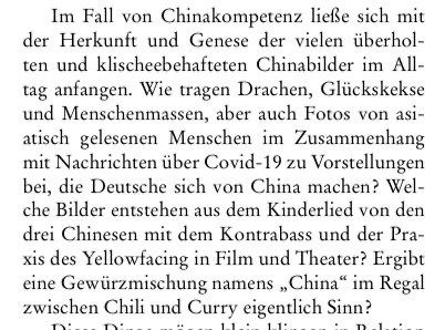 Daher bin ich verwundert. Wenn klar ist, dass wir als China-Experten nicht überkommene Klischees benutzen sollen, warum wird es hier dennoch bedient? Lin Hierse hat 2021 in <a href="/APuZ_bpb/">APuZ</a> solche überkommenen China-Bilder bereits überzeugend kritisiert /3  bpb.de/shop/zeitschri…