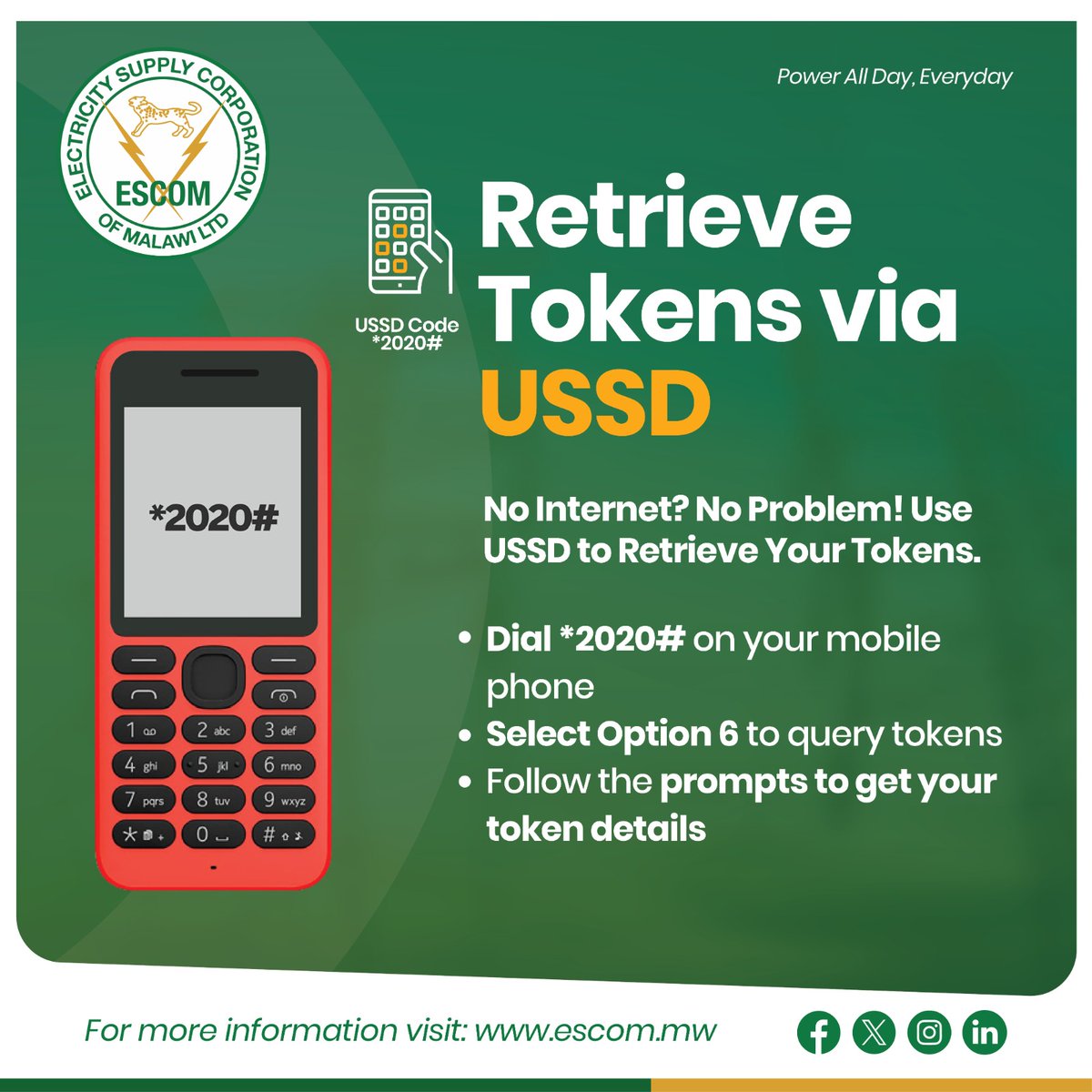 ESCOM_Malawi's tweet image. Lost or missing your token? 

💡 Just dial *2020# and follow the prompts to retrieve your tokens.

No internet needed!

#EscomUssdCode
#PowerAllDayEveryday