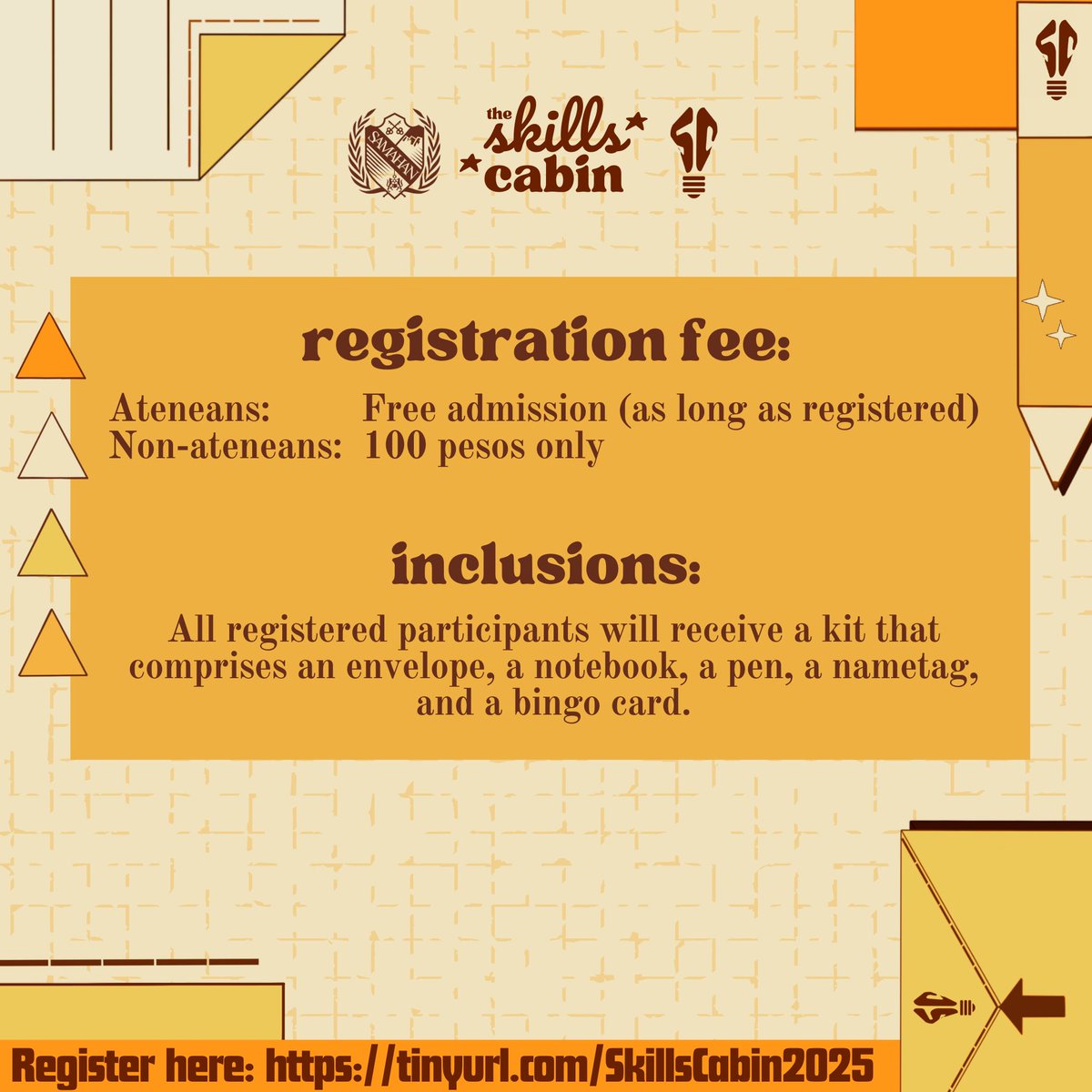 addusamahan's tweet image. Calling all creative minds and curious hearts, #TheSkillsCabin💡 registration is open!

Explore hands-on sessions and skill-building topics to fuel your creativity and passion.

📥 Register: tinyurl.com/SkillsCabin2025

Please see photos below for more details.

#AllForMore➕