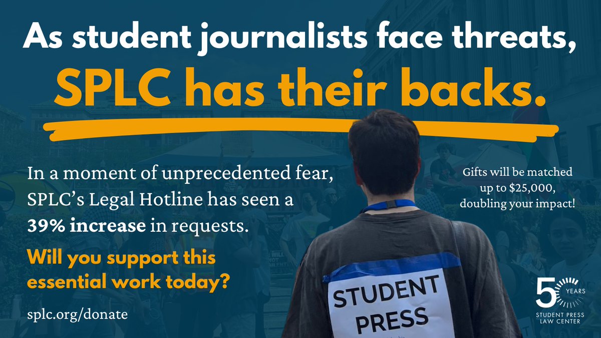 Our annual spring fundraiser has extra urgency this year, as student journalists turn to SPLC for help navigating an unprecedented time. Will you donate to ensure they have access to free legal support? Your gift today helps us unlock an extra $25,000! loom.ly/t4IKGfs